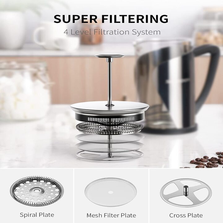 Bình pha cà phê kiểu Pháp French Press Shardor FP515S dung tích 1000ml. tích hợp hệ thống 4 bộ lọc cần gạt - Hàng Nhập Khẩu