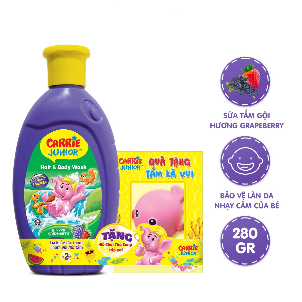 Chai Sữa Tắm Carrie Junior Hương Grapberry 280g + thú tắm đồ chơi