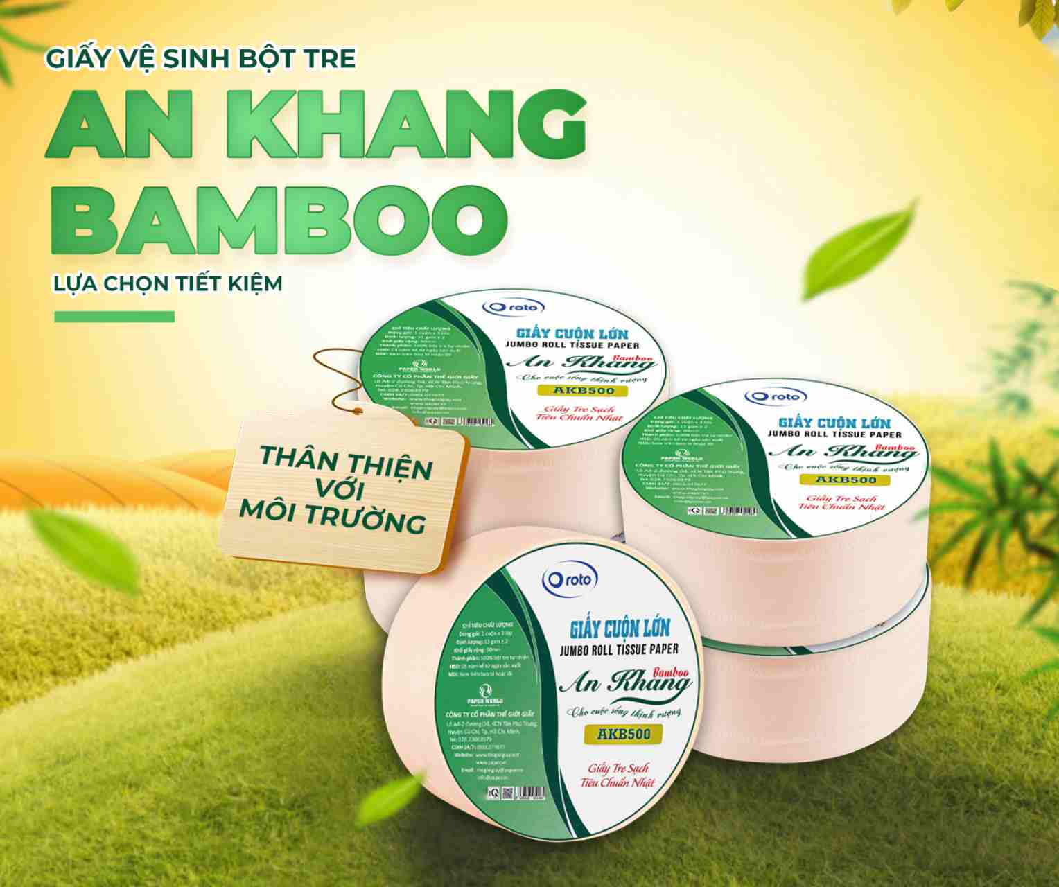 Combo 5 cuộn giấy giấy vệ sinh cuộn lớn 3 lớp 500g AN KHANG BAMMBO | 100% Bột giấy tre tự nhiên