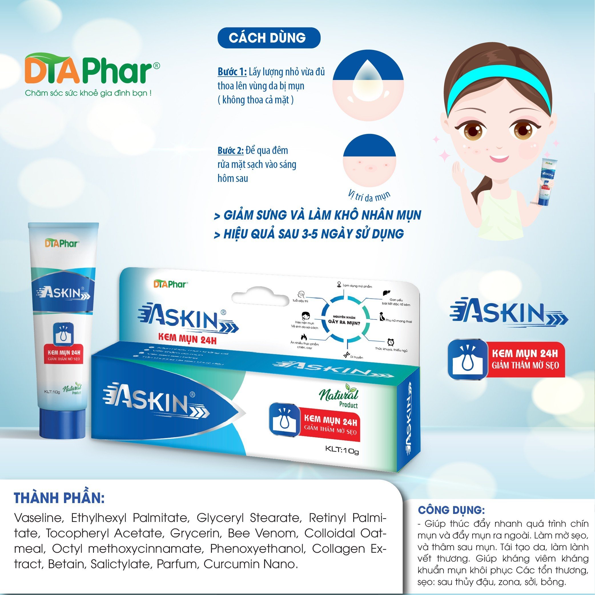 Kem Mụn 24h thúc đẩy mụn chín giảm thâm mờ sẹo Giúp kháng khuẩn khôi phục tổn thương sau mụn, zona, sởi, bỏng... Tuýp 10g Tâm An Pharma
