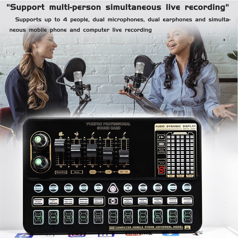 Card âm thanh phát sóng trực tiếp chuyên dụng BM800 Microphone Mixer V10X Pro Sound Card Condenser Game BT Audio