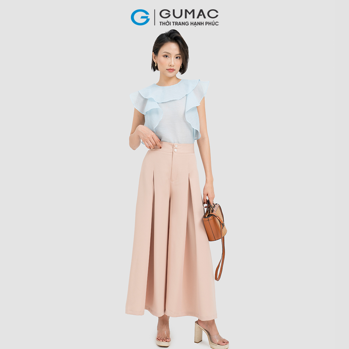 Quần dài nữ ống rộng phối ly thanh lịch tôn dáng thời trang GUMAC QD04025