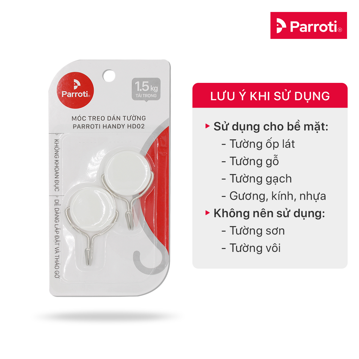 Bộ 2 Móc Treo Dán Tường Cao Cấp, Móc Treo Đồ Dán Tường - Parroti Handy HD02