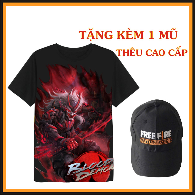 Combo Áo + Mũ lưỡi chai Áo thun màu đen in hình Quỷ Vương Free Fire tặng 1 nón lưới chai thêu cao cấp màu đen cực chất