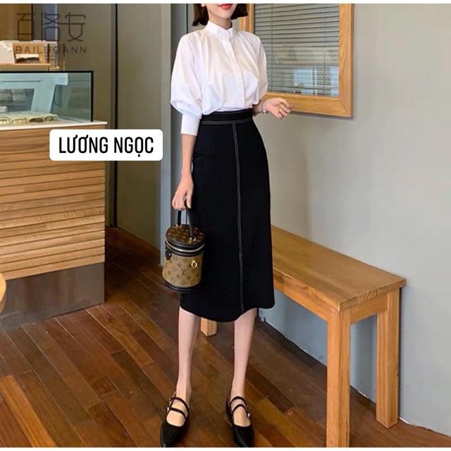 Chân váy chữ A dài 70cm có đường trần chỉ trắng cách điệu