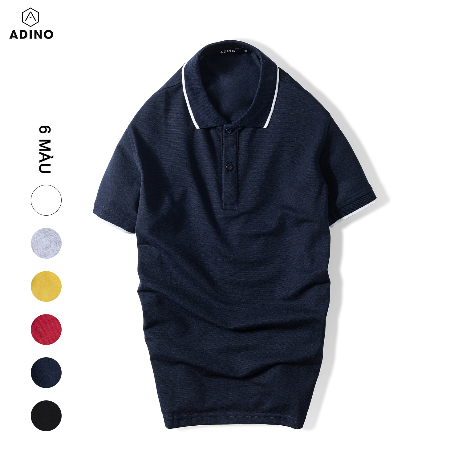 Áo polo nam ADINO màu xanh đen phối viền vải cotton co giãn dáng slimfit trẻ trung AP75
