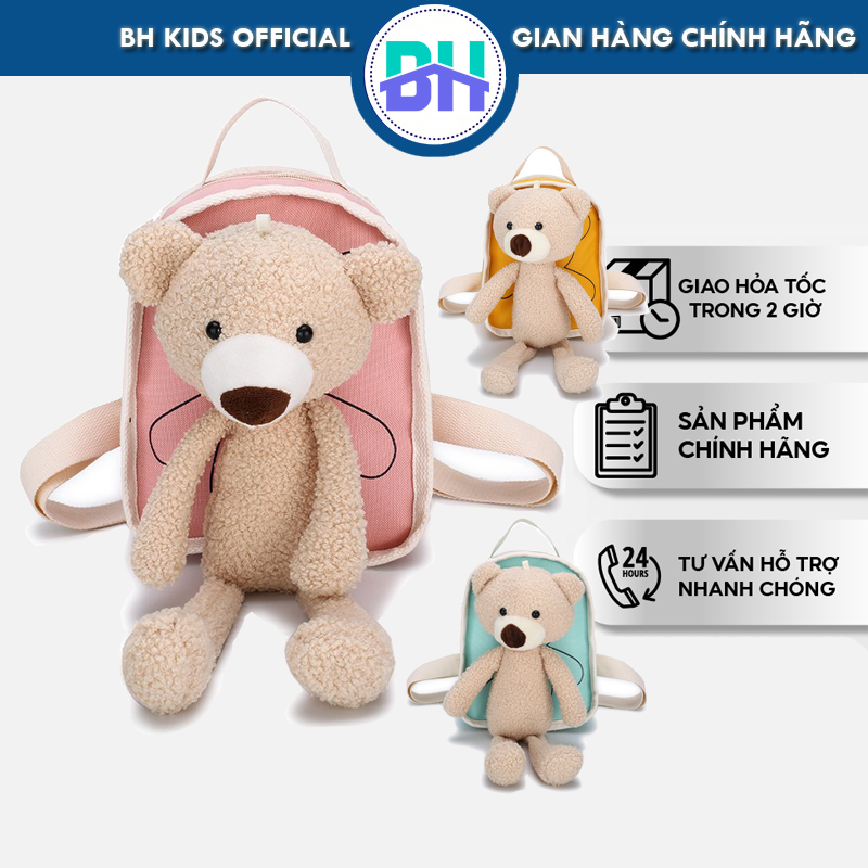 Balo hình chú gấu xinh xắn BH Kids, chất liệu vải Canvas xinh xắn cho bé mẫu giáo, nhà trẻ - BHS07