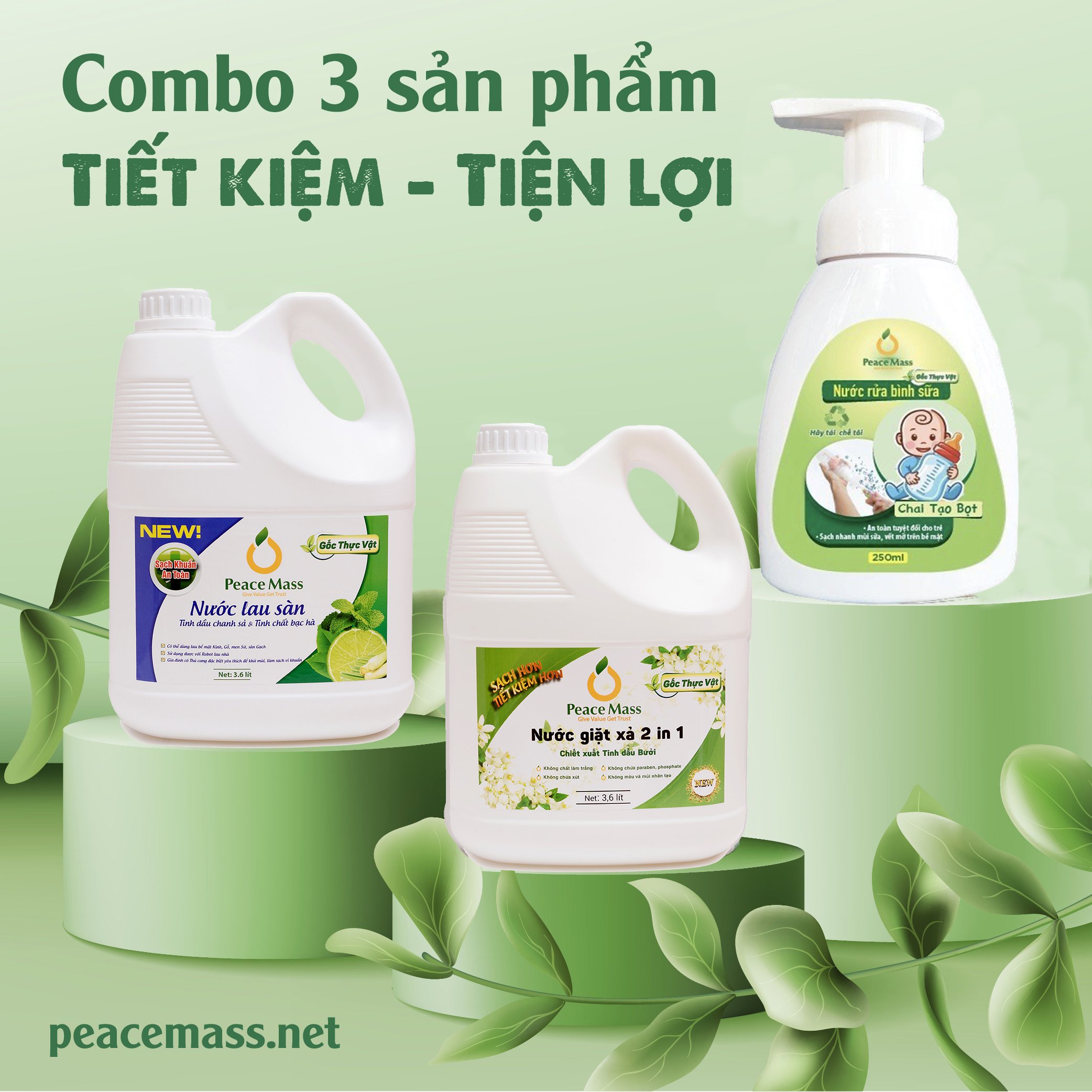 RBSC8 Combo Sản Phẩm Gốc Thực Vật Peace Mass Nước Rửa Bình Sữa 250ml (Chai tạo bọt) + Nước Giặt Xả 3.6 lít + Nước Lau Sàn 3.6 lít