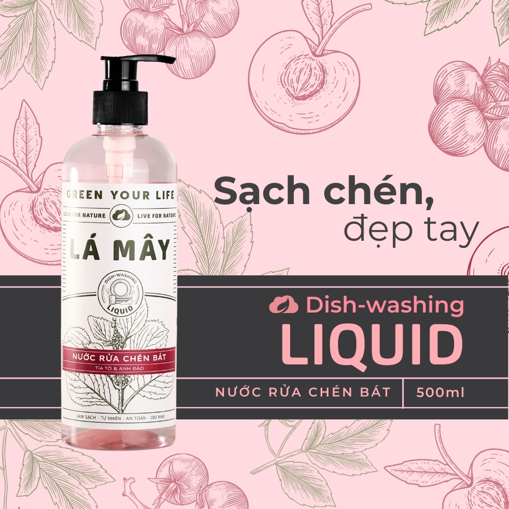 NƯỚC RỬA CHÉN BÁT (KHÔNG ĐẬM ĐẶC) TÍA TÔ &amp; ANH ĐÀO LÁ MÂY 500 mL