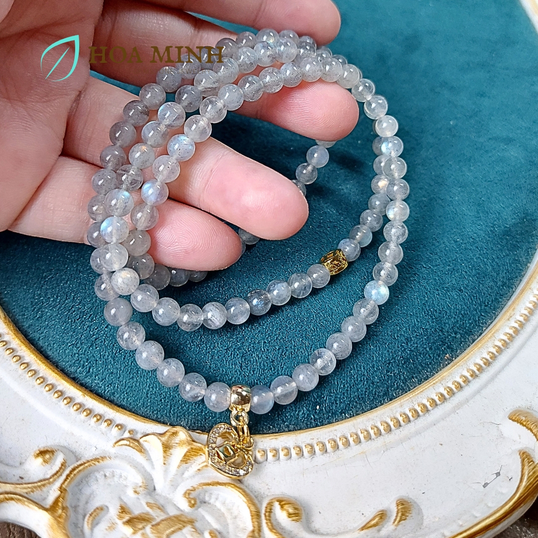 Vòng tay chuỗi 108 hạt đá xà cừ Labradorite Hắc Nguyệt Quang tự nhiên phối charm kim tiền, trái tim ổ khóa đính đá