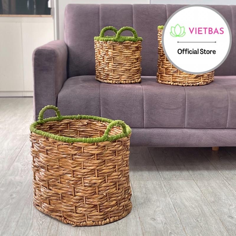 Giỏ lục bình tay cầm màu xanh VIETBAS tròn có quai MAU08