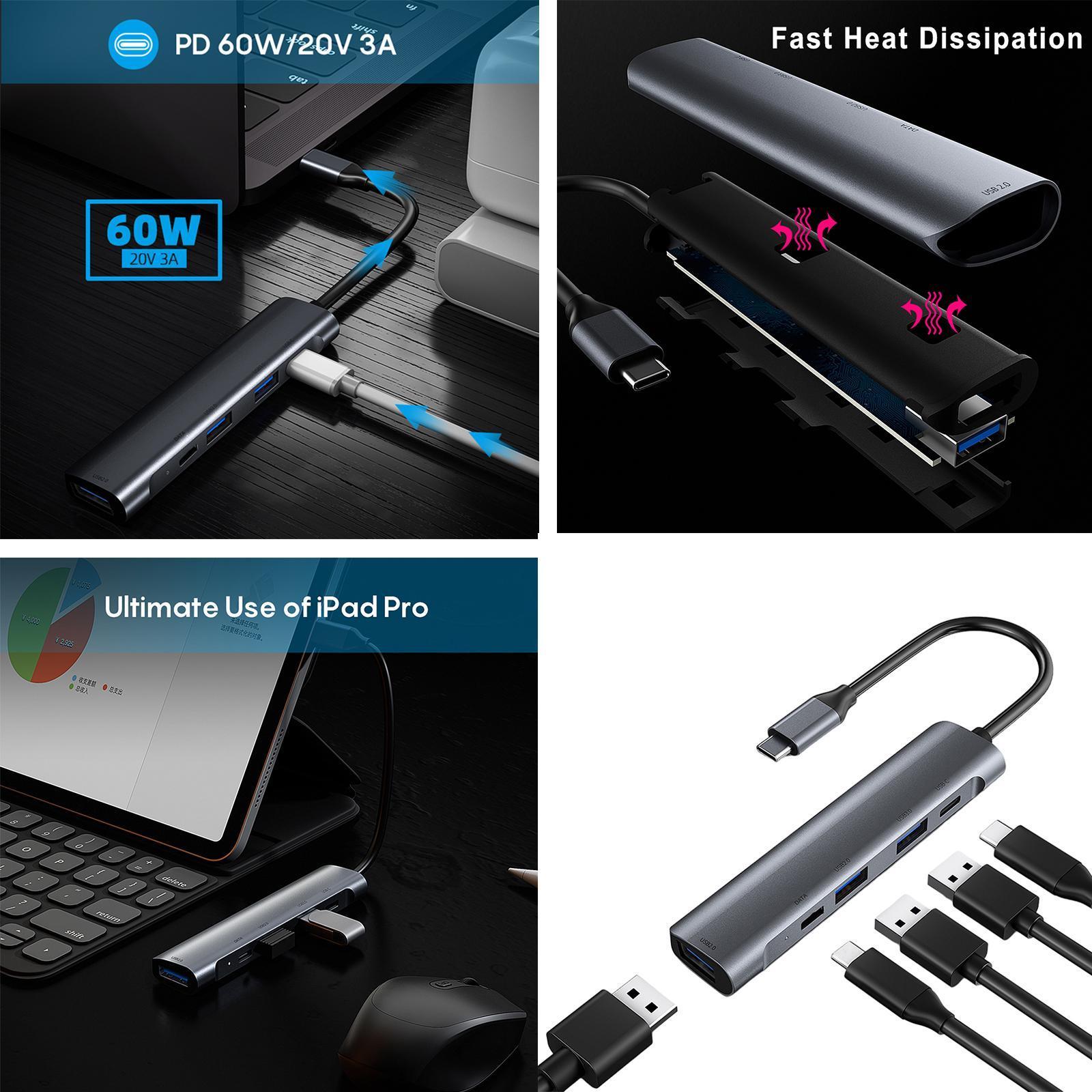 Type C Hub 5 in 1 Portable with USB 3.0 2.0 60W PD for  Pro Laptops