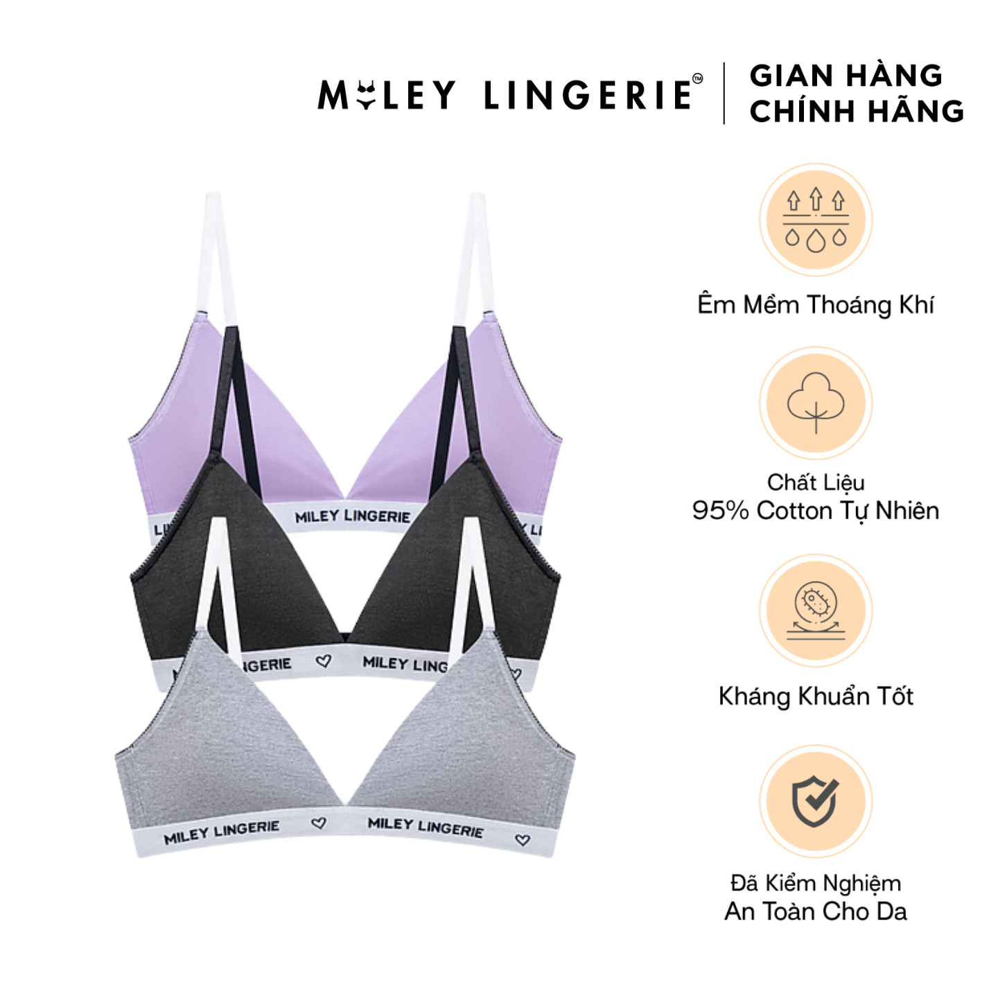 Combo 3 Áo Ngực Cotton Không Gọng Mút Mỏng Lưng Logo Thời Trang BeingMe Miley Lingerie