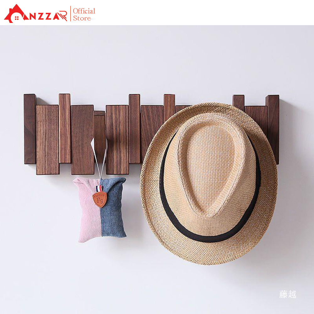 Móc Gỗ Treo Tường Anzzar, Móc Treo Quần Áo, Phụ Kiện, Giá Gỗ Treo Quần Áo - Mt04 - 9 Móc - 58Cmx15Cm - Màu Nâu Rustic