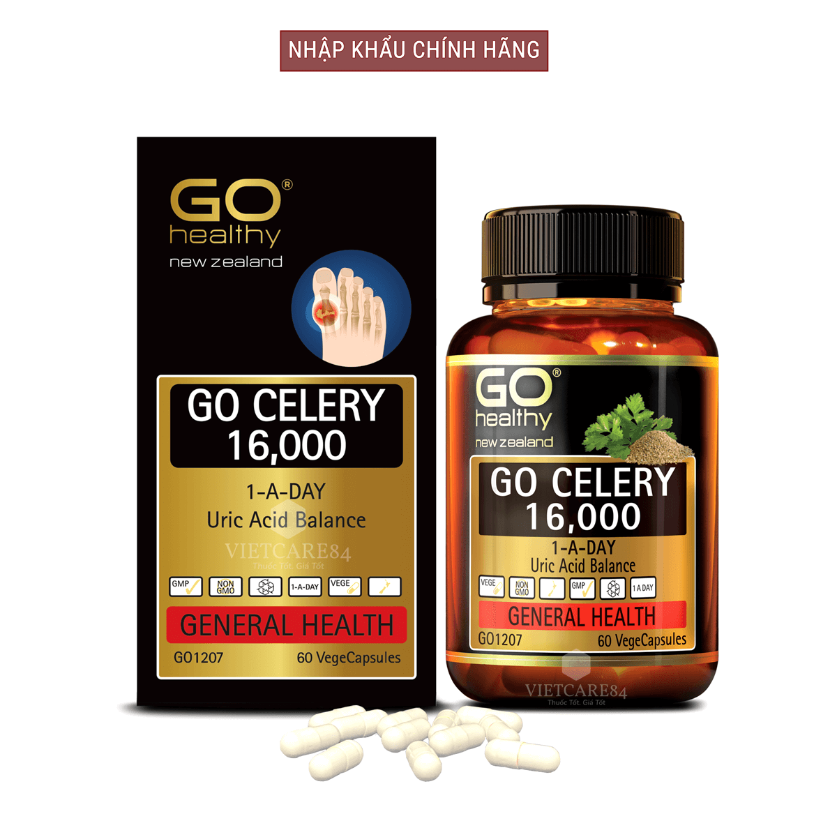 Bộ sản phẩm 2 hộp viên gout nhập khẩu chính hãng GO CELERY 16000mg (60 viên)  giúp giảm các triệu chứng bệnh gút: giảm uric acid, làm giảm triệu chứng sưng đau do gut