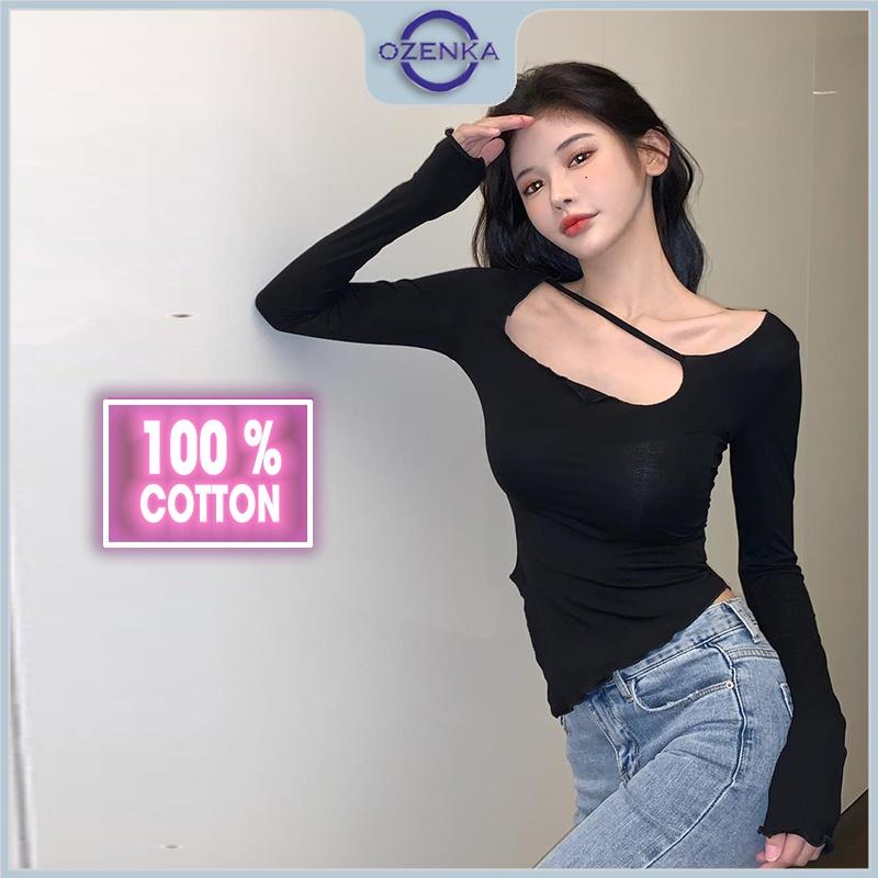 Áo thun nữ ôm vạt nhọn tay dài cổ rộng OZENKA , ao phông kiểu body gợi cảm 100% cotton màu đen trắng size 55 kg