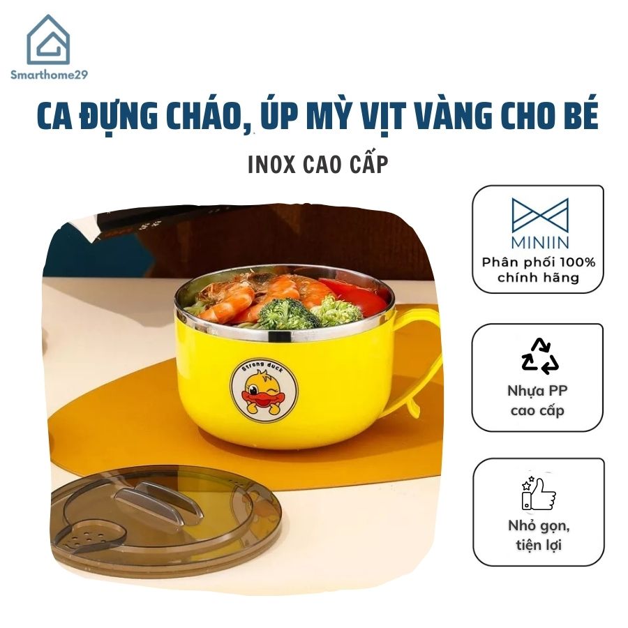 Ca Đựng Cháo Giữ Nhiệt, Ca Úp Mỳ, Tô khuấy Bột Ăn Dặm Cho Bé Hình Vịt Vàng Đáng Yêu - Chính hãng MINIIN 