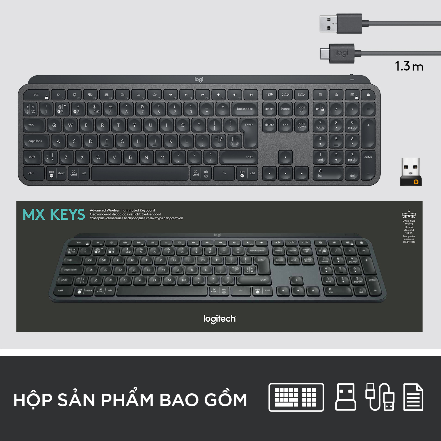 Bàn phím không dây Bluetooth Logitech MX Keys - đa thiết bị, sạc nhanh, Mac/ PC - Hàng chính hãng