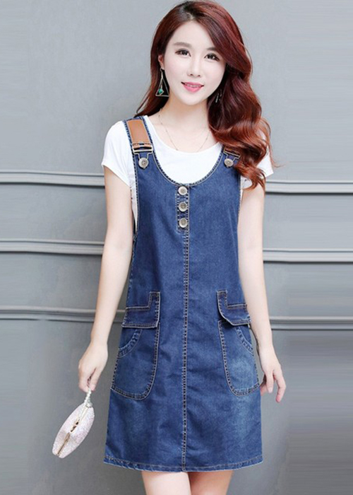 Đầm Yếm Jean Nữ Phối Da Nút Ngực Duyên Dáng