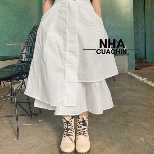 Chân váy trắng vạt thấp vạt cao