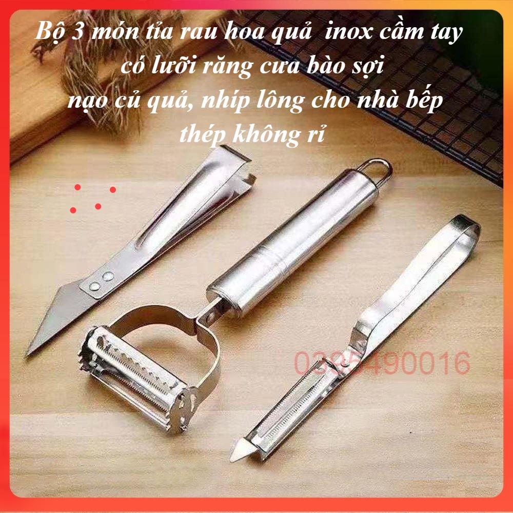 Bộ 3 món tỉa rau hoa quả inox cầm tay có lưỡi răng cưa bào sợi, nạo củ quả, nhíp lông cho nhà bếp, thép không rỉ