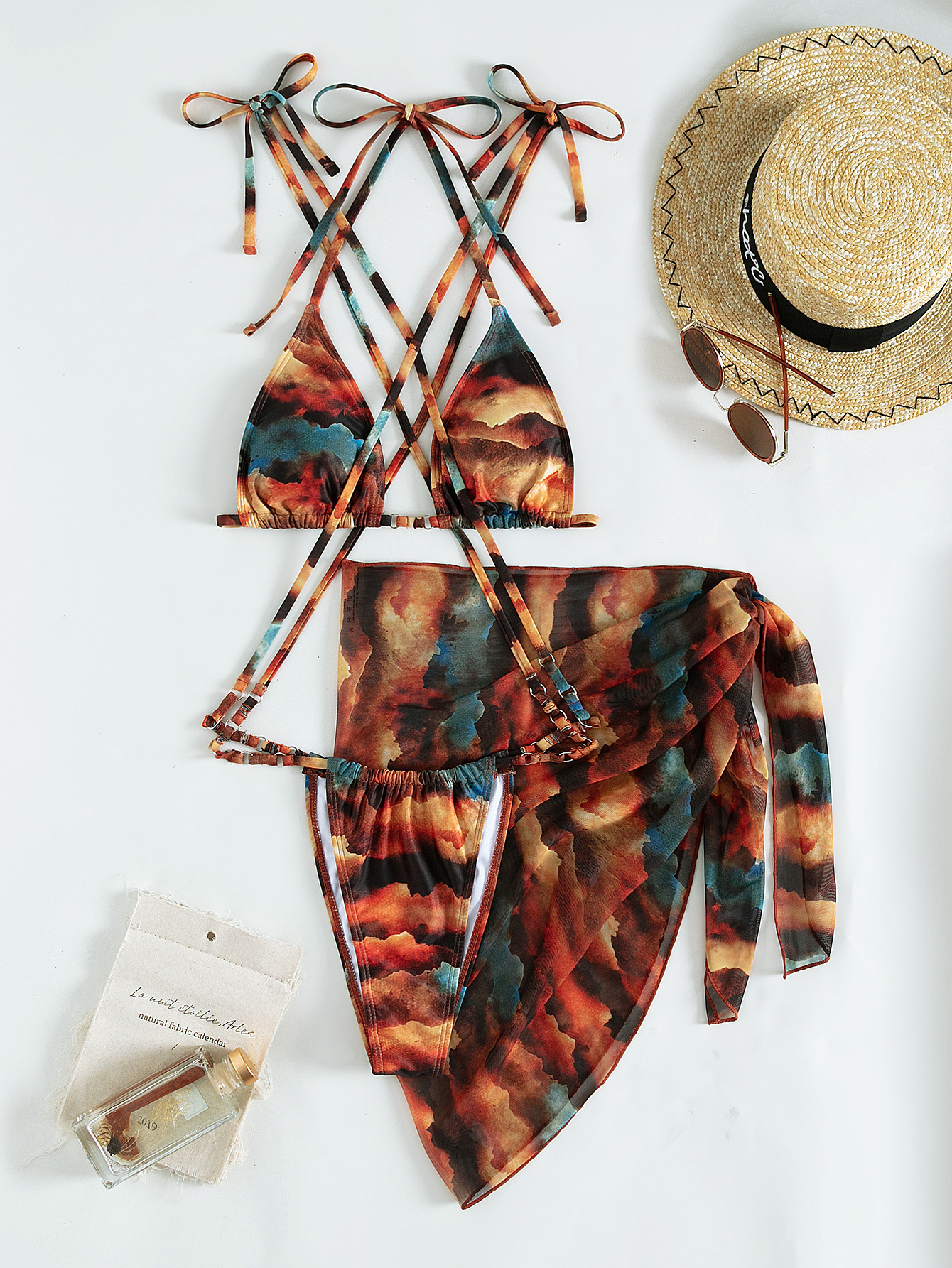 Set Bikini 3 món áo ngực quần tam giác kèm khăn quấn