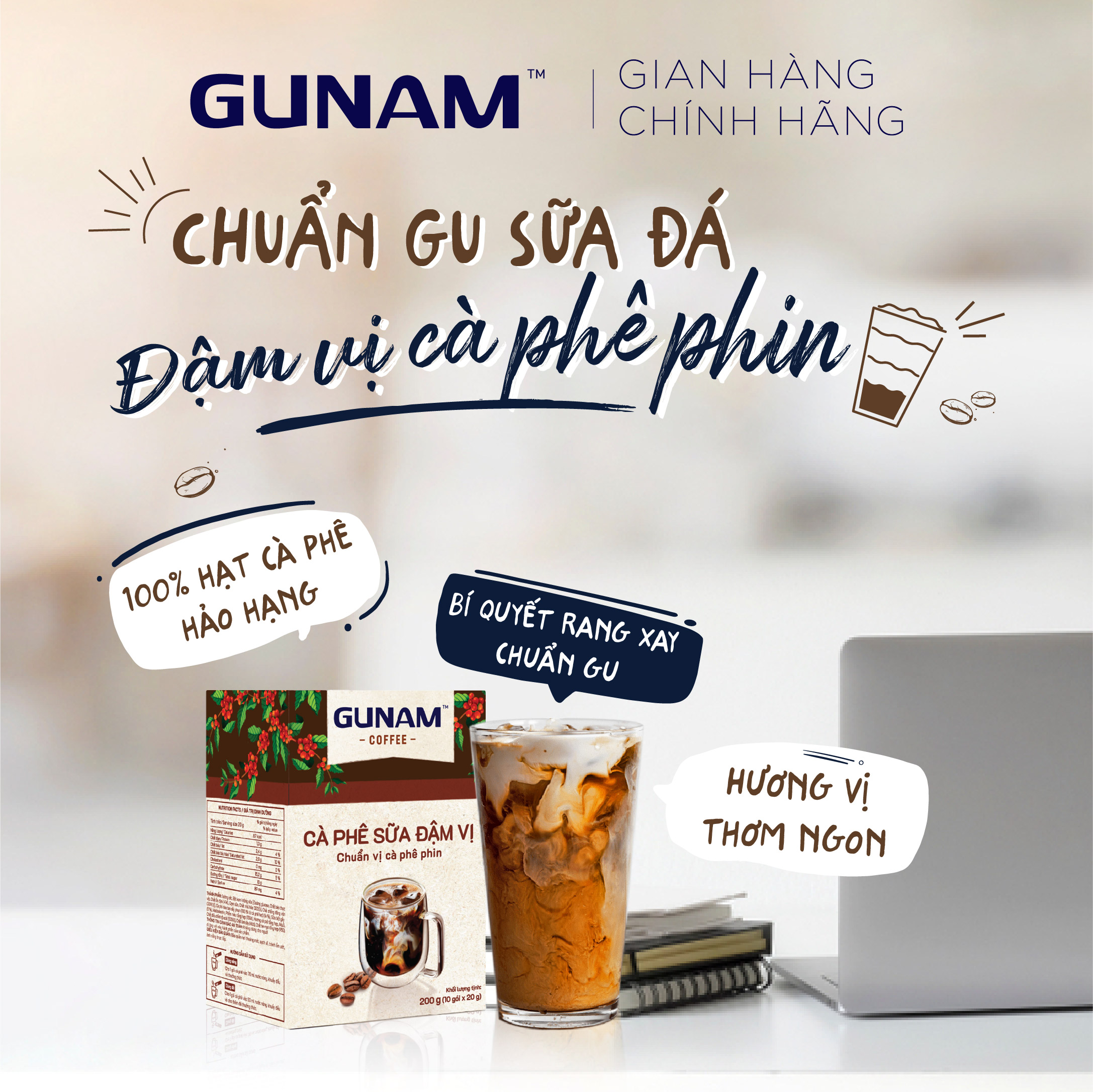 Combo Cà phê chuẩn gu - cà phê hòa tan GUNAM đen đá (10 gói x 16g) + cà phê hoà tan GUNAM đậm vị (10 gói x 20g)+ cà phê hòa tan GUNAM bạc sỉu (10 gói x 20g)