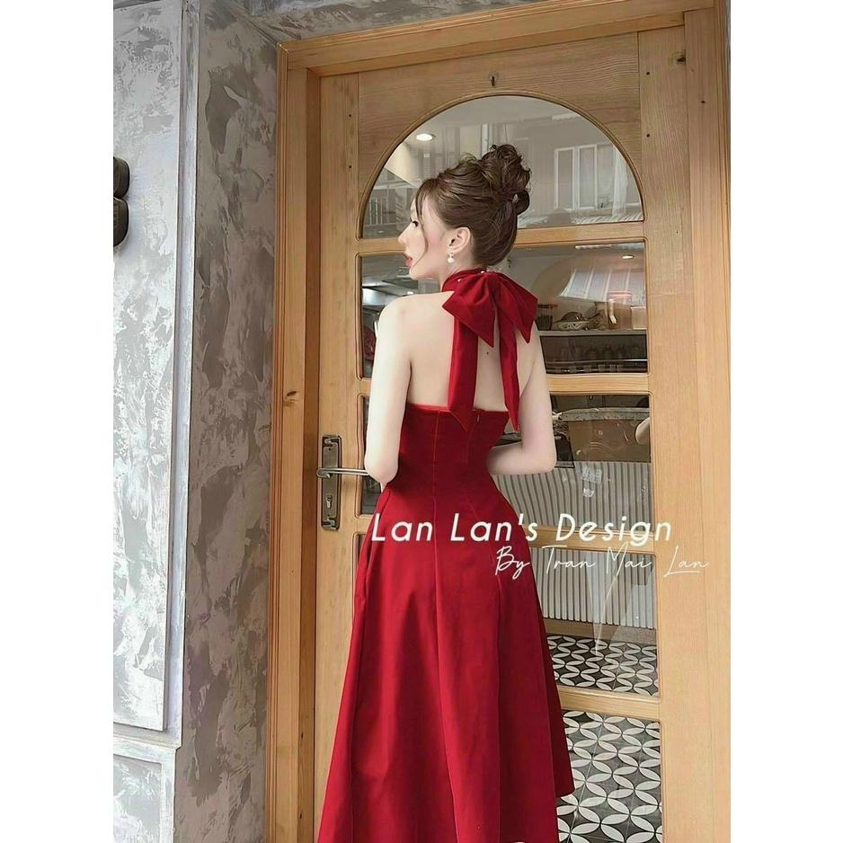 Đầm xòe dự tiệc nữ cổ yếm cột nơ hai màu đầm đỏ đen chất liệu nhung cứng