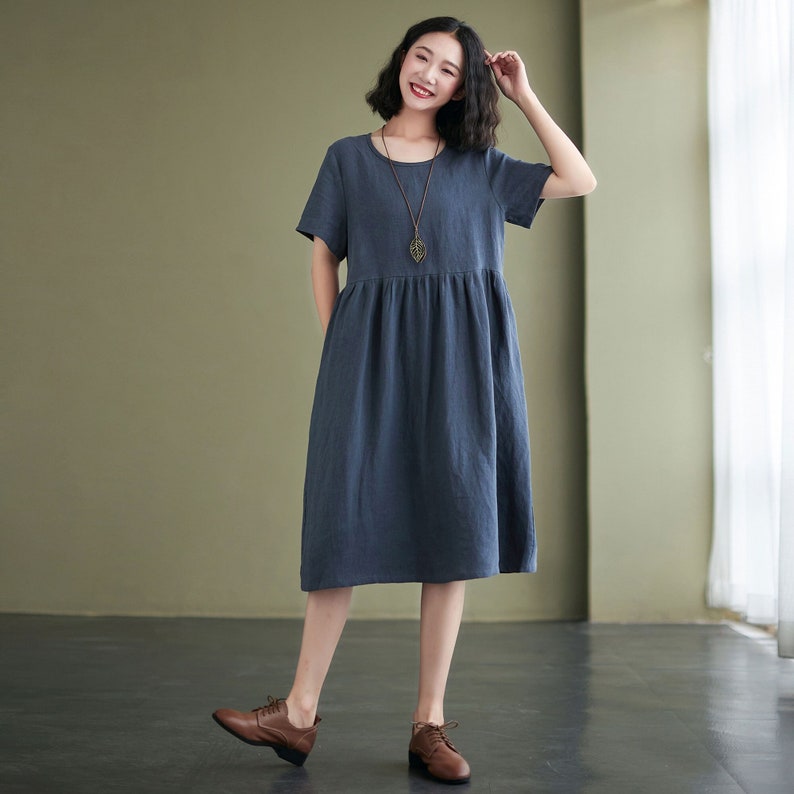 Đầm linen nữ ngắn tay dáng suông, form rộng che khuyết điểm, thiết kế cơ bản dễ mặc Đũi Việt