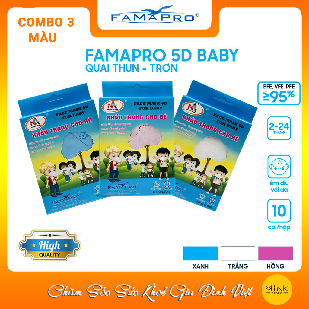 Combo 3 Hộp Khẩu Trang Y Tế 3 Lớp Trẻ Em Famapro 5D Baby Trơn : Xanh + Trắng + Hồng (10 Cái / Hộp)
