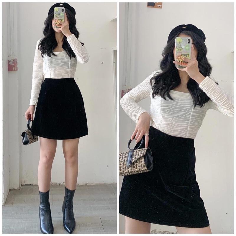 Set áo gân nổi chân váy nhung