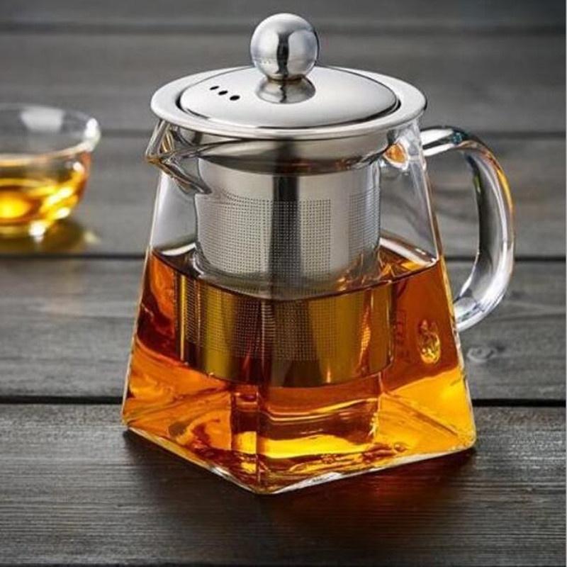 Bình trà thủy tinh, Ấm pha trà thủy tinh hình vuông chịu nhiệt, có bộ lọc bằng thép không gỉ
