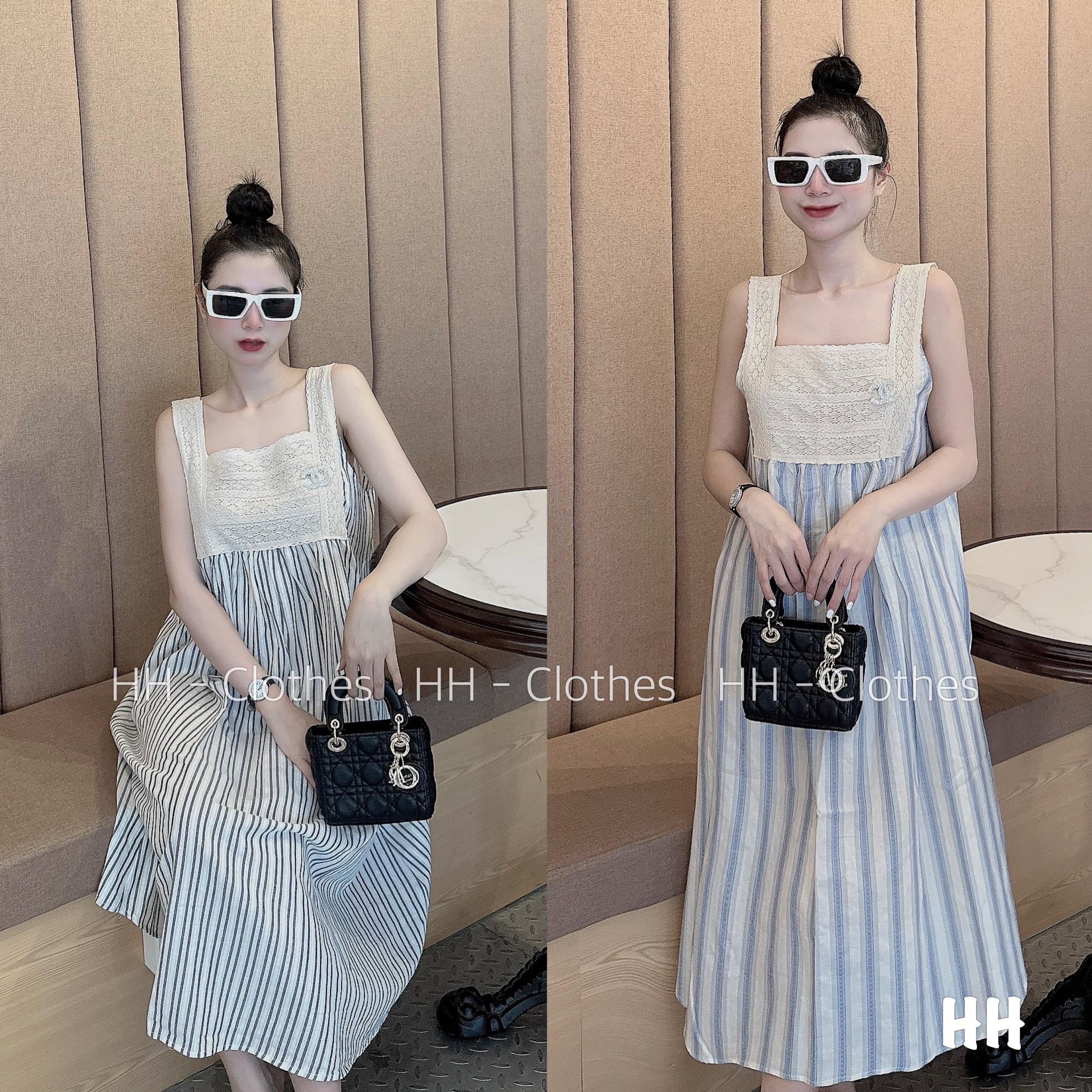 VÁY ĐI CHƠI, VÁY SUÔNG, VÁY MAXI, VÁY SUÔNG KẺ PHỐI REN 2 MÀU CỰC KUTE