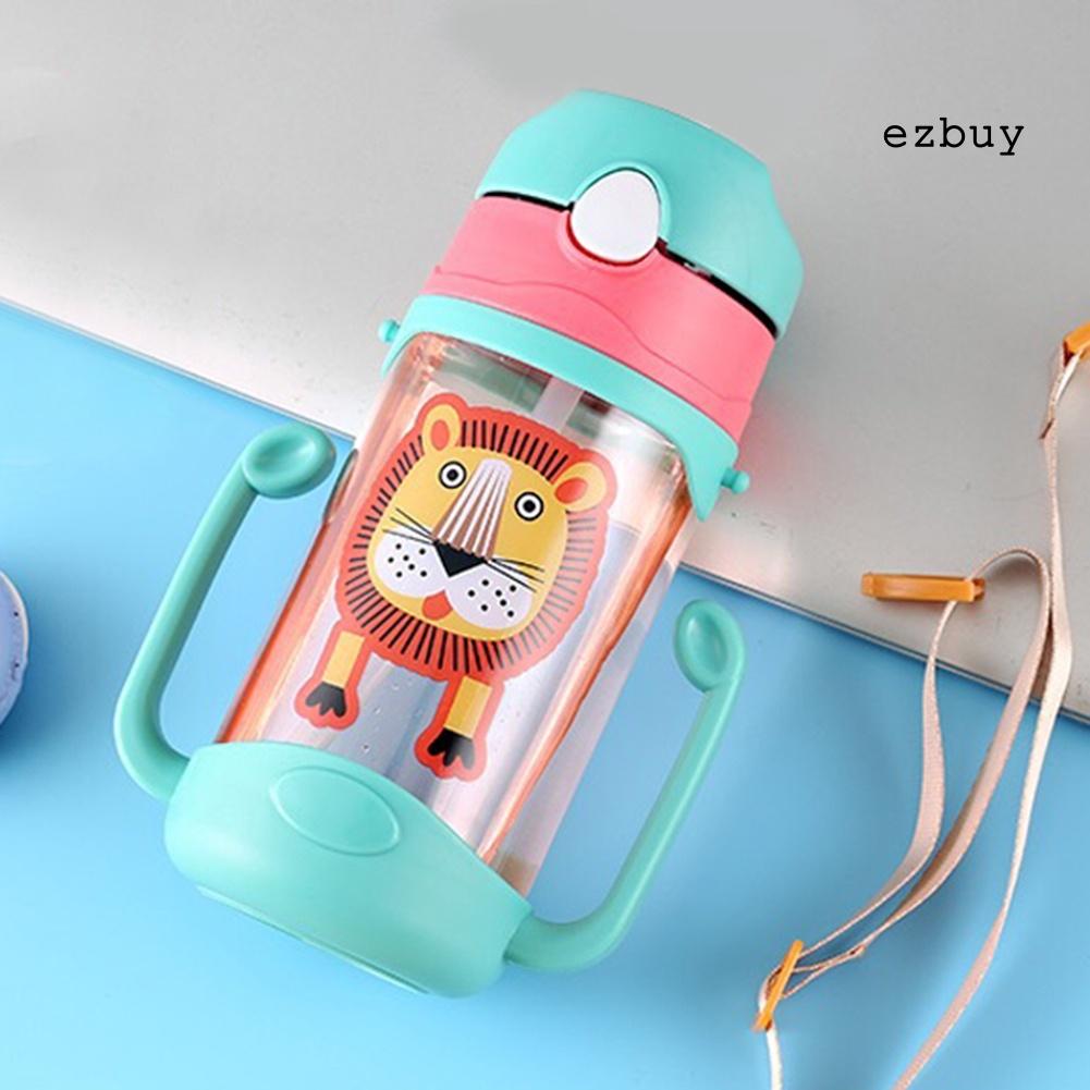 Bình nước 400ml chống rò rỉ họa tiết hoạt hình có ống hút và dây đeo cho bé