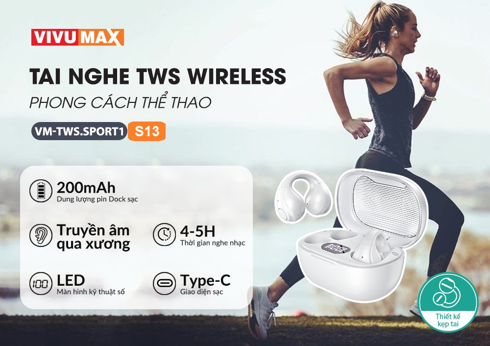 Tai Nghe Không Dây Kẹp Tai TWS Vivumax Sport 1 (S13) màu trắng - Hàng Chính Hãng, Bảo Hành Chính Hãng