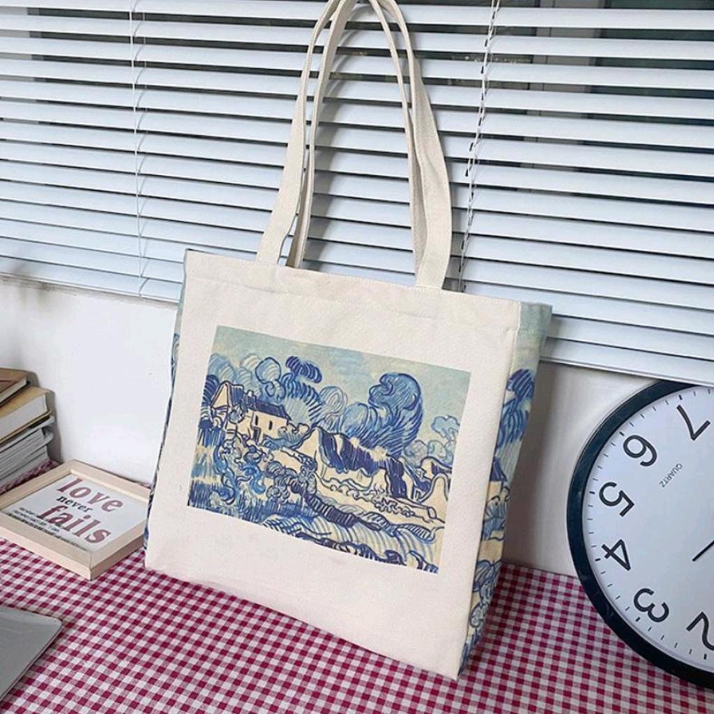 Túi tote vải canvas mộc hình hộp Tiệm nhà Pony in hình tranh sơn dầu hot trend