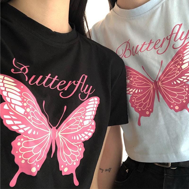 Áo thun ngắn tay cổ tròn in hình bướm xinh xắn cho nữ
