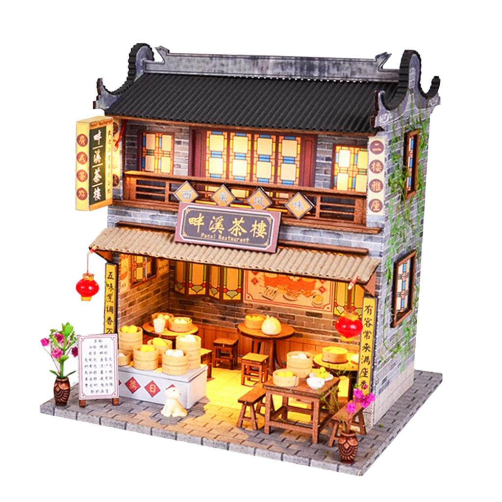 1/24 DIY Miniature Dollhouse Creative Teahouse with Furniture LED Lights Toy