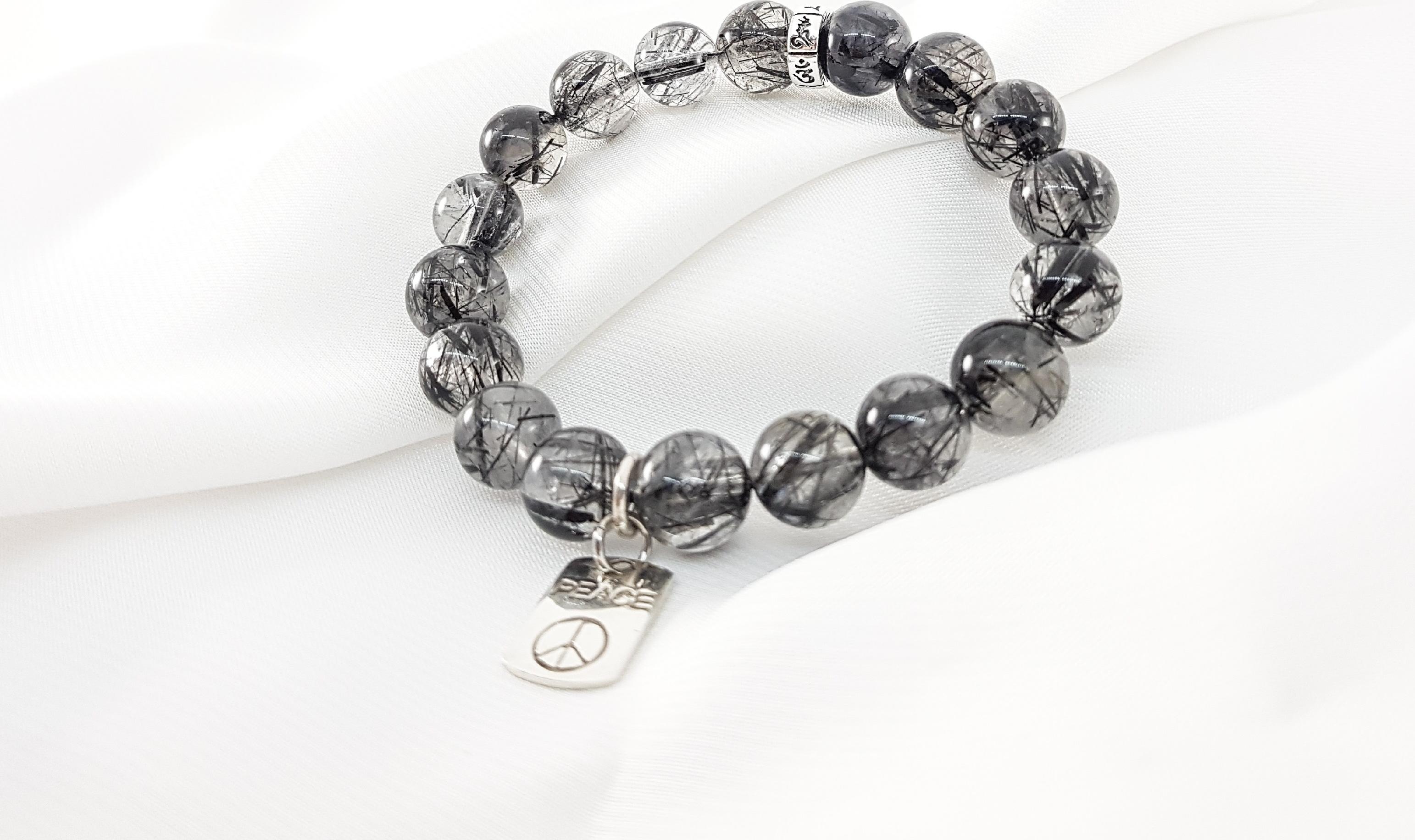 Vòng tay nam mệnh kim, thủy đá thạch anh tóc đen mix charm PEACE