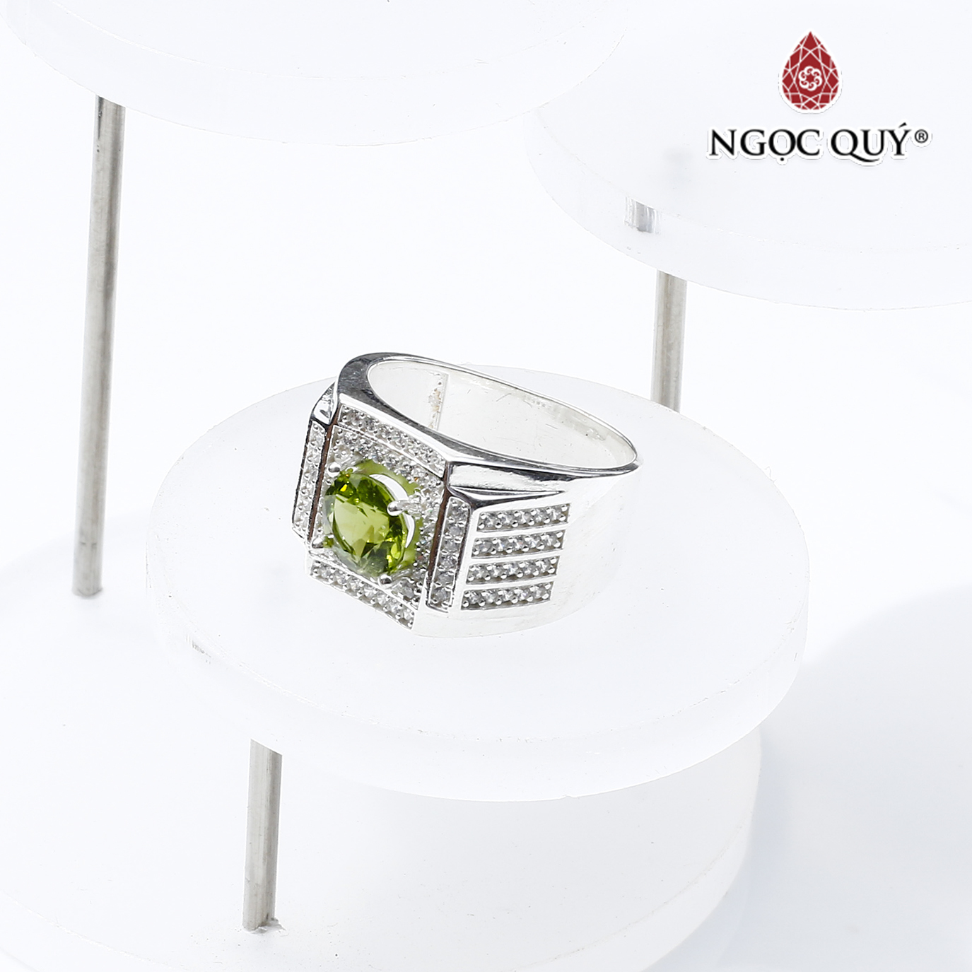 Nhẫn bạc nam mặt đá peridot 20mm mệnh hỏa, mộc - Ngọc Quý Gemstones