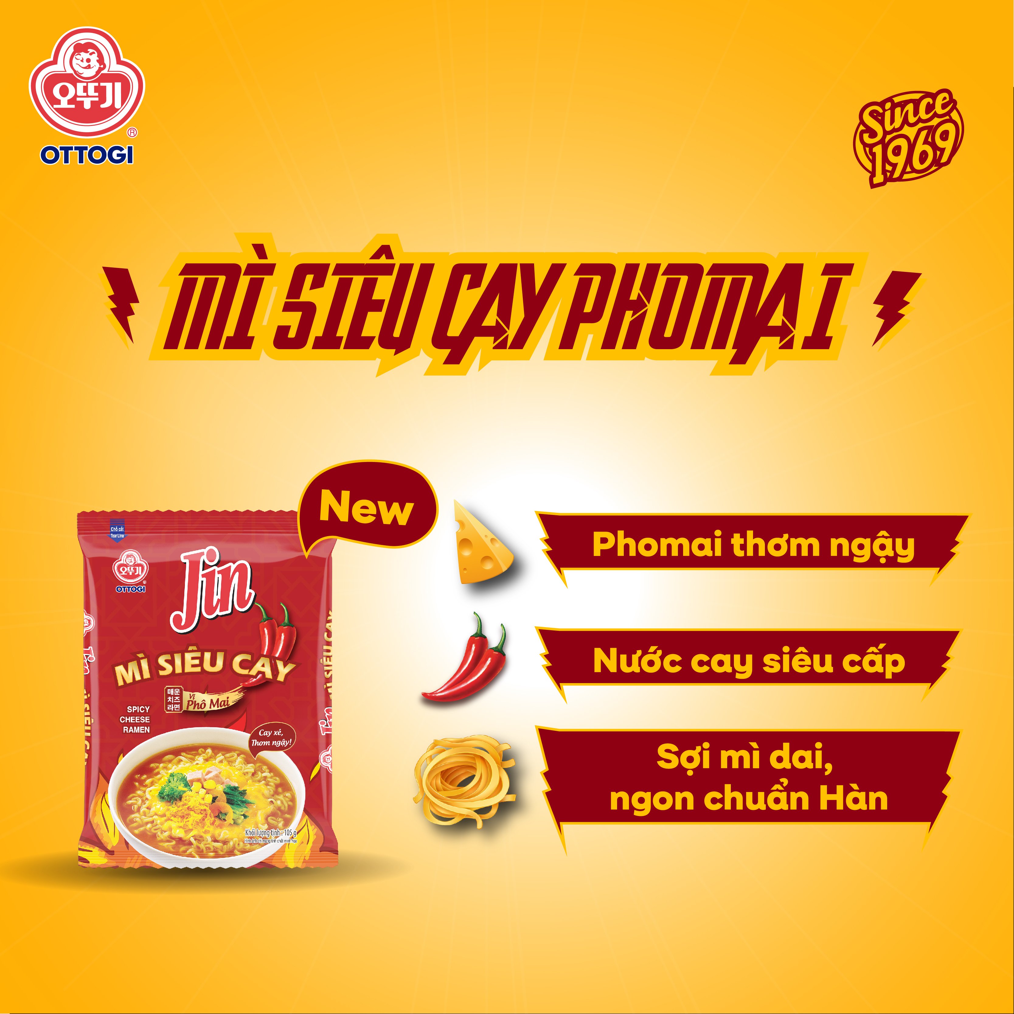 Combo 5 gói Mì Jin siêu cay vị phô mai Ottogi 105g