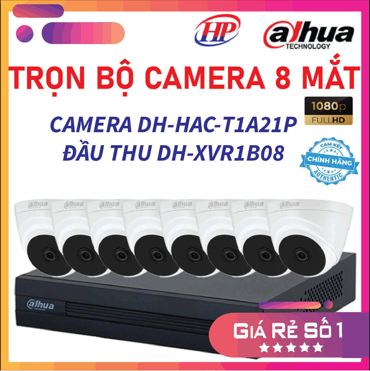 Trọn bộ 8 camera DH-HAC-T1A21P Đầu thu 8 cổng XVR1B08 đầy đủ phụ kiện, Hàng chính hãng