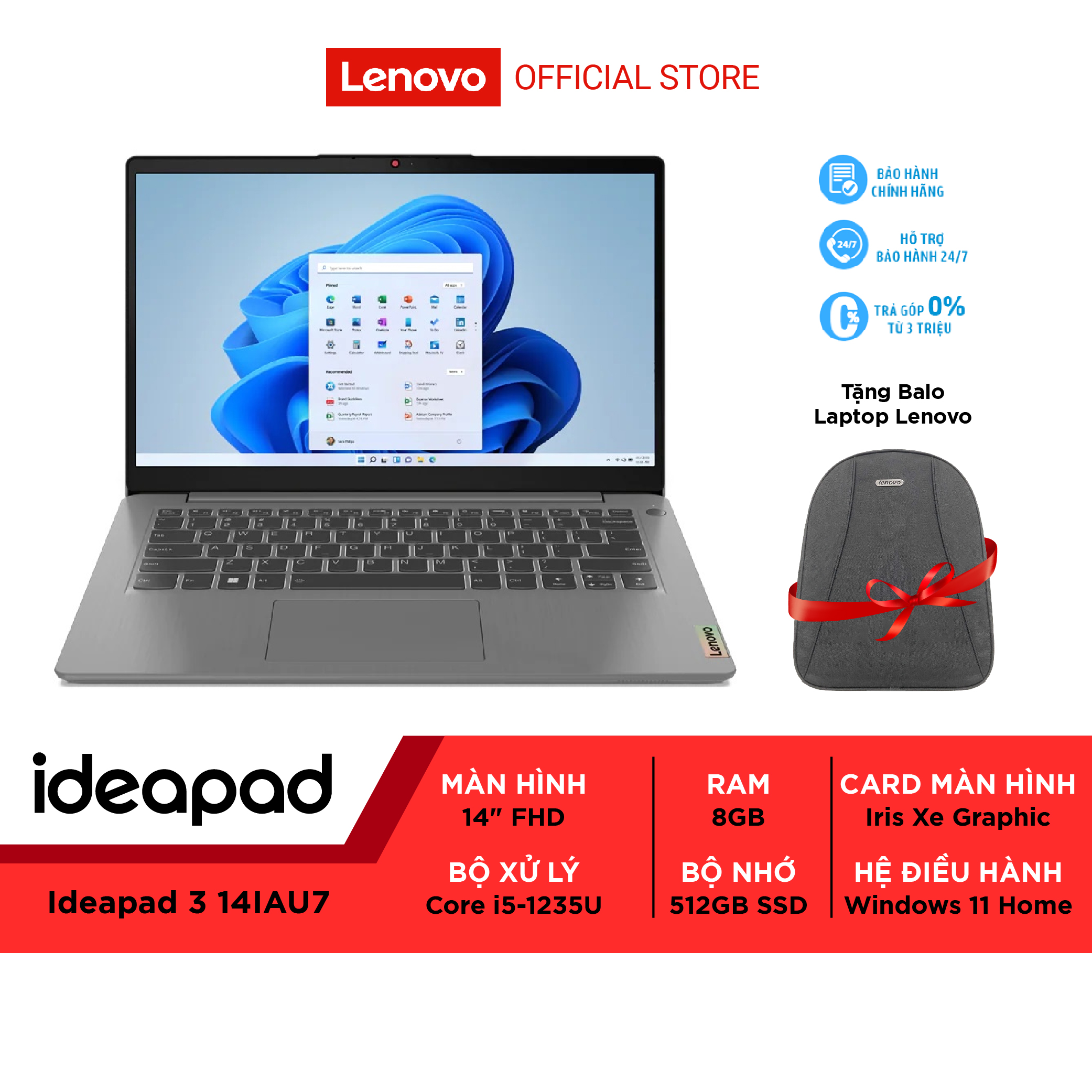 Laptop Lenovo Ideapad 3 82RJ0019VN i5-1235U|8GB|512GB SSD| Intel Iris Graphics|Win 11 - Hàng chính hãng