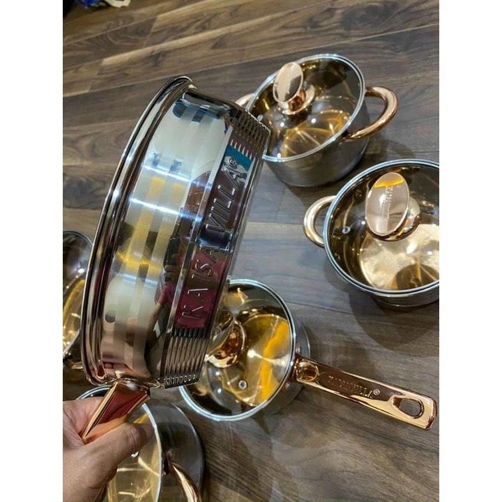 BỘ NỒI INOX VUNG KÍNH KAISA VILLA 6 MÓN 12 CHI TIẾT TAY CẦM TRÁNG MEN CHỐNG DÍNH SIÊU ĐẸP