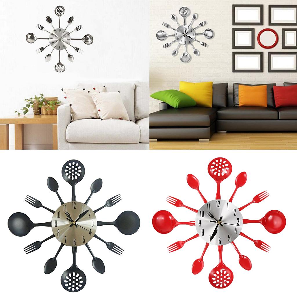 Kitchen Wall Clock 3D Kitchen Spoon Fork Wall Clock Wall Wall Room Black