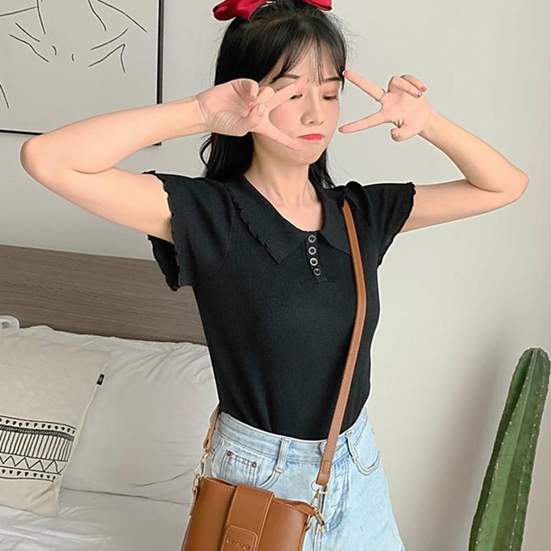 Áo Dệt Kim Tay Ngắn Màu Trơn Thiết Kế Thanh Lịch