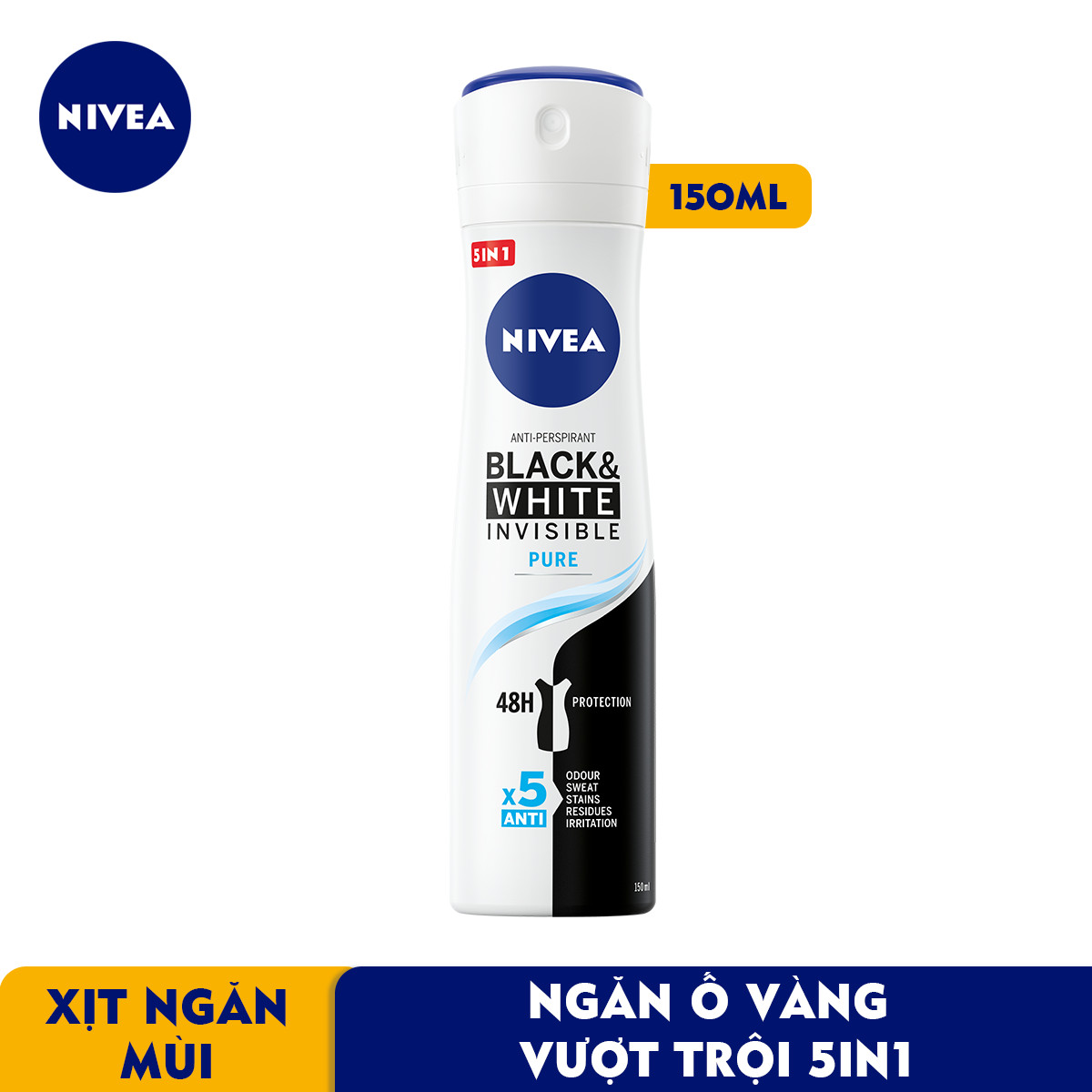 Xịt Ngăn Mùi NIVEA Black &amp; White Ngăn Vệt Ố Vàng Vượt Trội 5in1 (150ml) - 82230