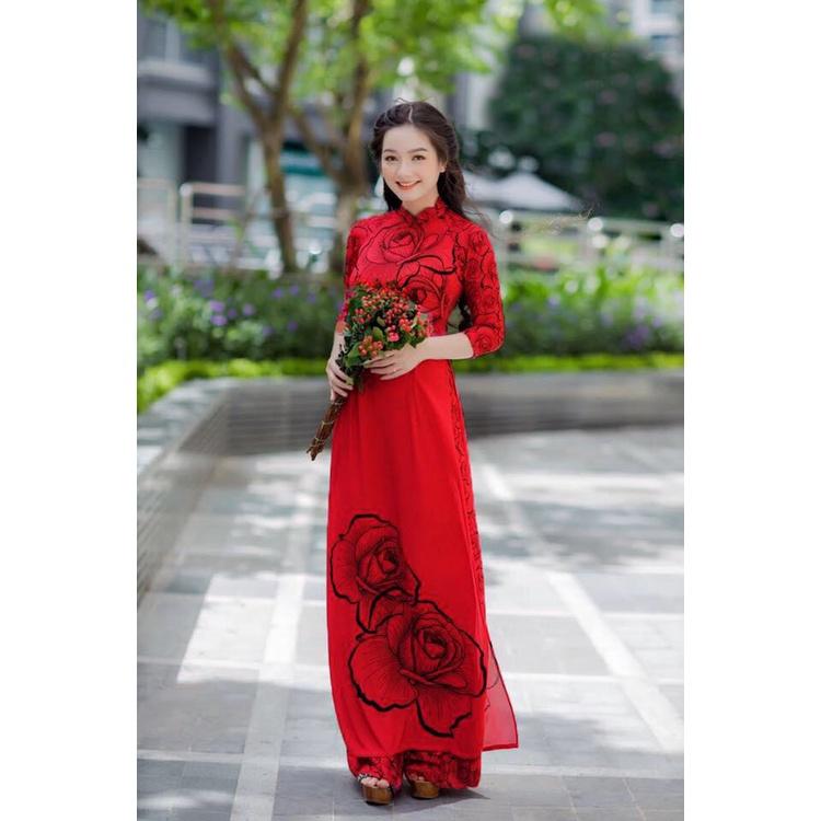 Set áo dài truyền thống họa tiết hoa hồng kèm quần