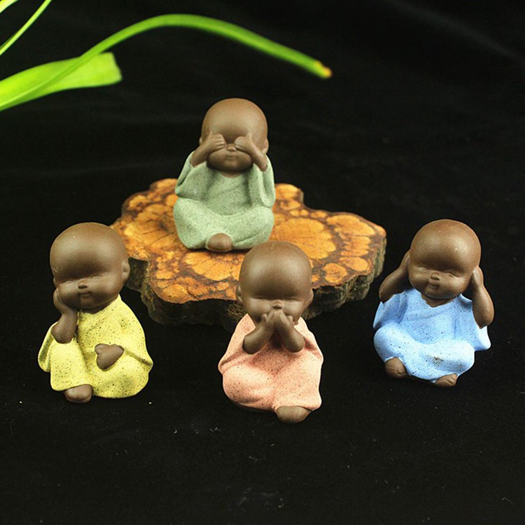 2xCeramic Small Buddha Statue Monk Figurine Tea pet Decorative Ornaments Green