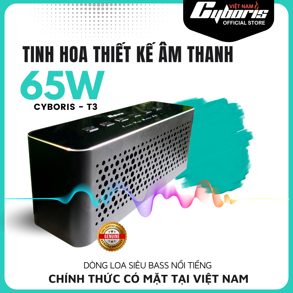 Loa Nghe Nhạc Bluetooth Cyboris T3, Loa siêu Bass Công suất 65W, Chống nước IPX5, Pin 6600mAh. Hàng Chính Hãng